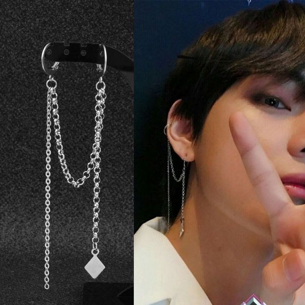 

punk ear clip cuff earrings for men women tassel chain stainless steel rock stud earring hip hop grunge accessories gift, Golden;silver