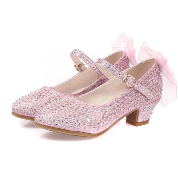 Kızlar için Prenses Çocuklar Deri Ayakkabı Çiçek Casual Glitter Çocuk Yüksek Topuk Kız Ayakkabı Kelebek Düğüm Mavi Pembe Gümüş 201201