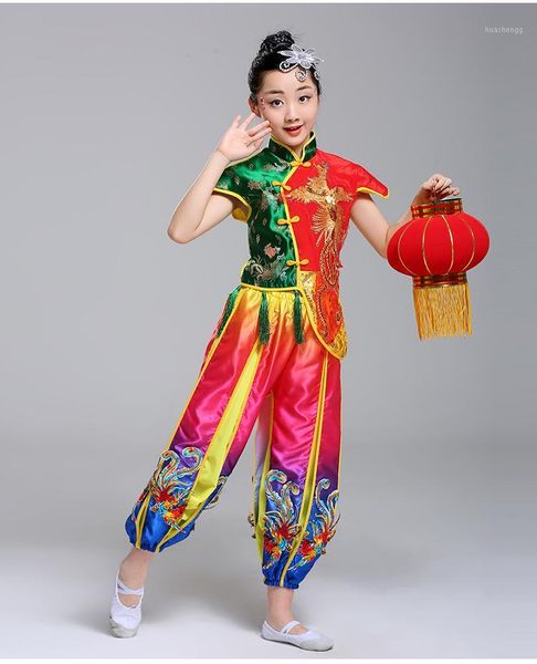 

children's drumming dance costume chinese traditional folk festivals yangko dance clothes modern stage wear show outfits1, Black;red