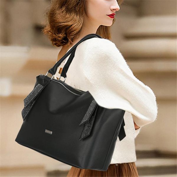 

women's rhinestone decoration soft pu leather handle bags female large capacity solid color luxury shoulder crossbody bags
