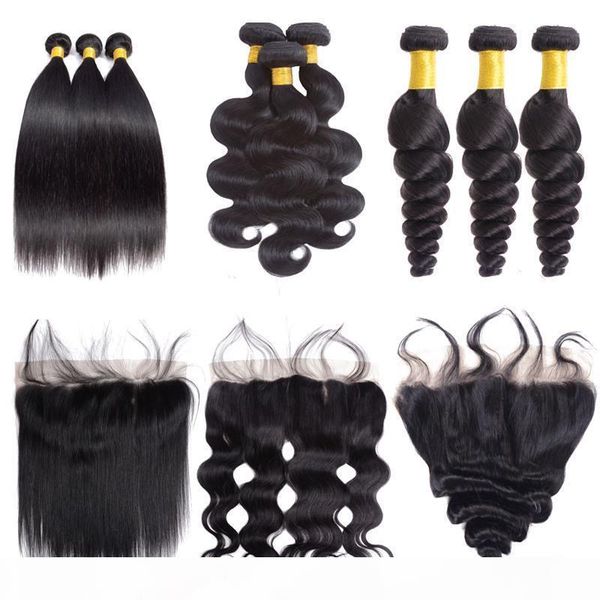 

9a brazilian straight body wave loose wave hair 3 bundles with 13x4 ear to ear lace frontal closure human hair, Black;brown