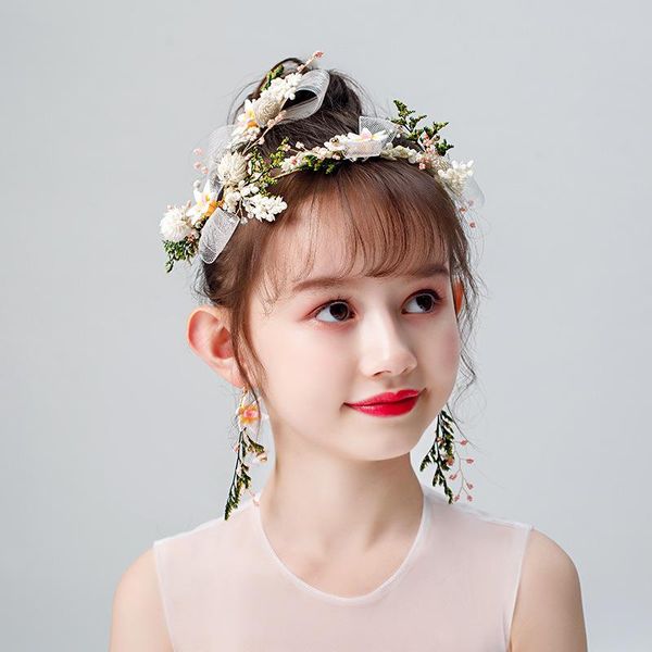 

hair accessories girls set party headdress 1 wreath + pair earring+2 hairpins 5 pcs/lot children flower bow pography props, Slivery;white