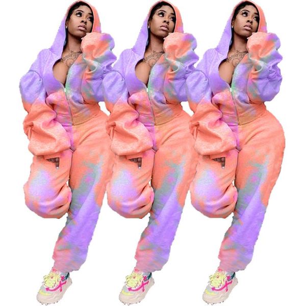 

autumn women tie-dye plus-size hooded casual two pieces sets sport pants + v-neck full sleeve lady outfits, Gray