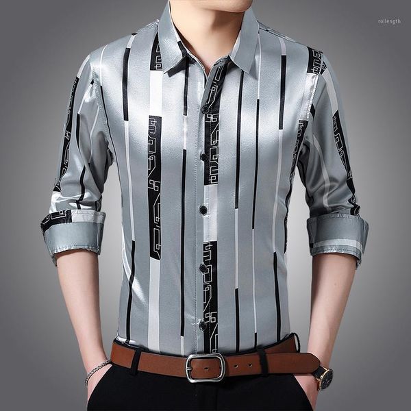 

male silk clothes spring long sleeve striped silk shirts mens caual dress shirts1, White;black