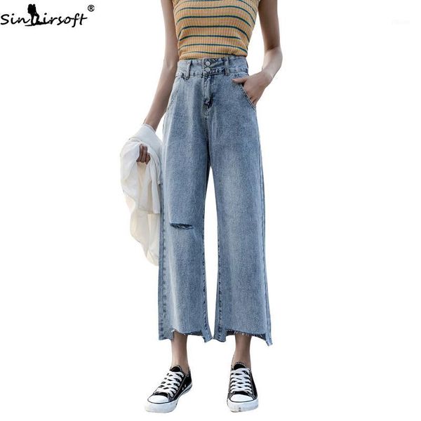 

women's new high waist loose straight jeans woman fashion becasual hole soft wide leg jeans women, Blue