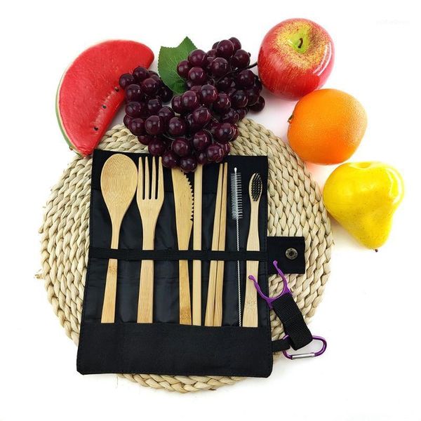 

dinnerware sets portable bamboo cutlery set flatware travel utensils tableware wooden with buckle carrying case1