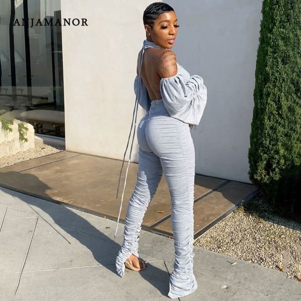 

anjamanor backless jumpsuit split ruched stacked pants fall women clothing going out outifts to the club d29-eb38 201007, Black;white