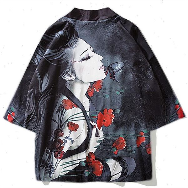 

12 colors summer men japan style kimono shirt vintage casual kimono cardigan mens plus size 3d floral printed streetwear, White;black