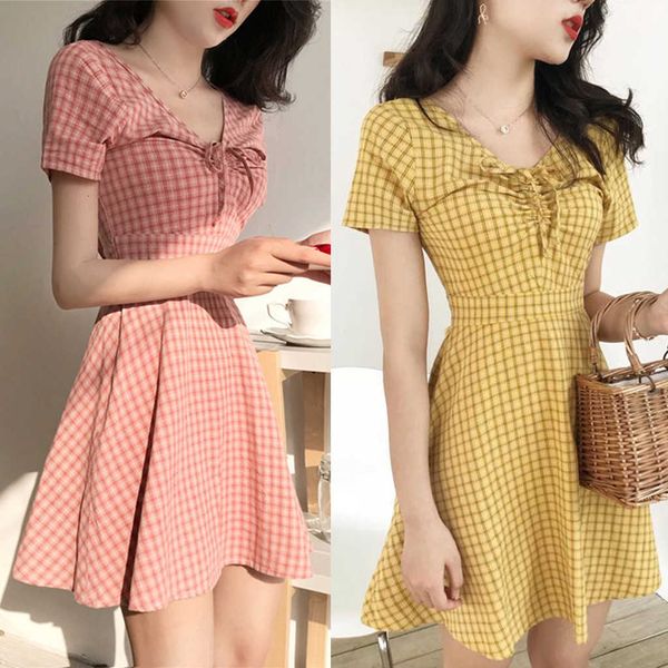 

summer 2020 fashion casual women v-neck short sleeve ladies lattice frenulum knee korean style vestido, Black;gray