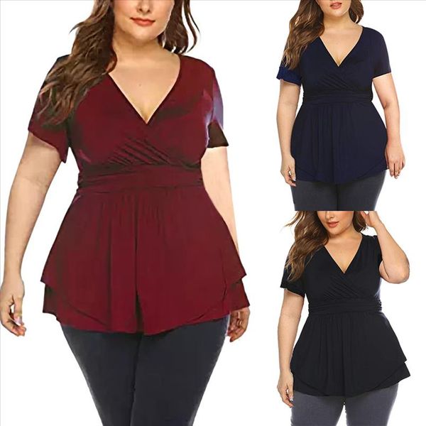

2019 tshirt women plus size v neck wrap front drape summer pleated waist shirt camiseta mujer harajuku t shirt, White