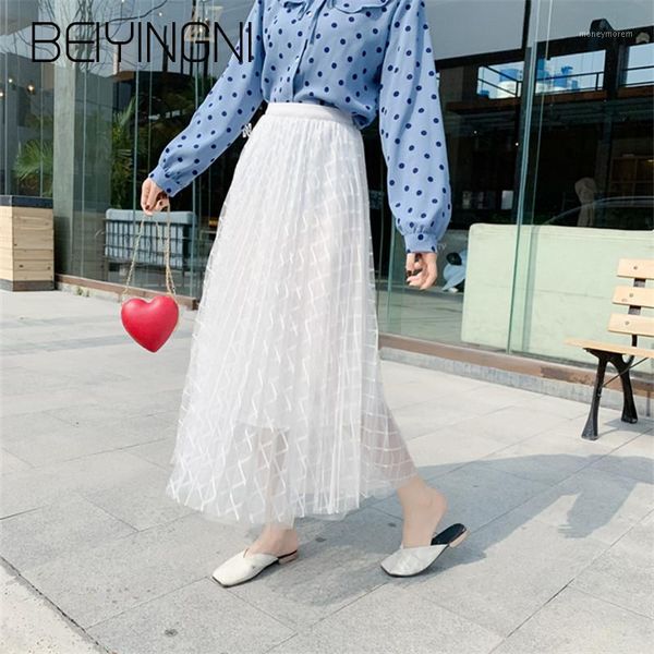 

beiyingni 2019 plus size plaid tulle skirt high elastic waist white black apricot saia midi solid fashion mesh summer saia women1