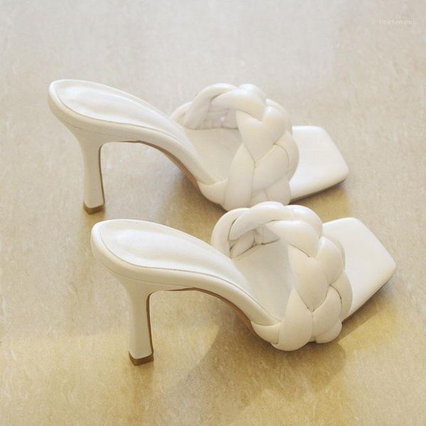 

new woven high heel women slides square toe women sandals1, Black