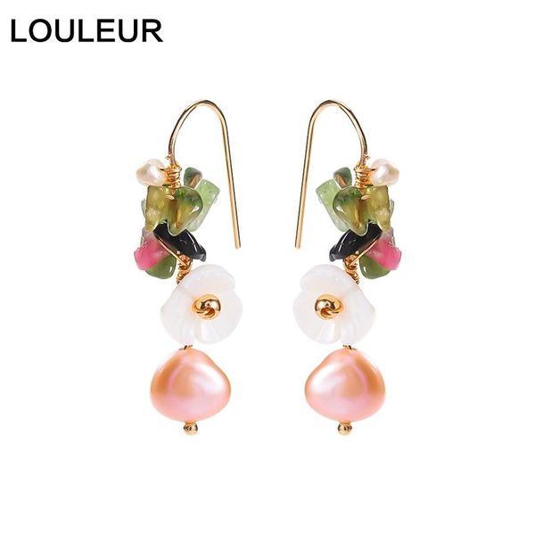 

louleur natural fresh water pink pearl earrings vintage flower wedding drop earrings for women elegant luxury handmade jewelry, Silver