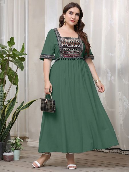 

plus elephant and floral embroidery square neck maxi a-line dress z7hu#, Black