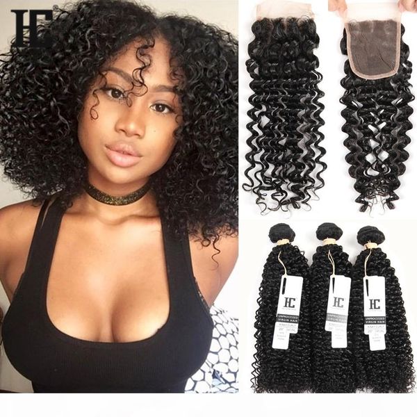 

hc hair brazilian kinky curly 3 bundles with closure middle 3 part double weft human hair extensions dyeable human hair weave, Black