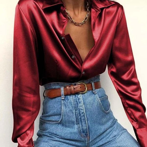 

fashion women slik satin blouse celmia shirt 2020 autumn long sleeve blouse lapel buttons shirt elegant tunic solid blusas 71, White
