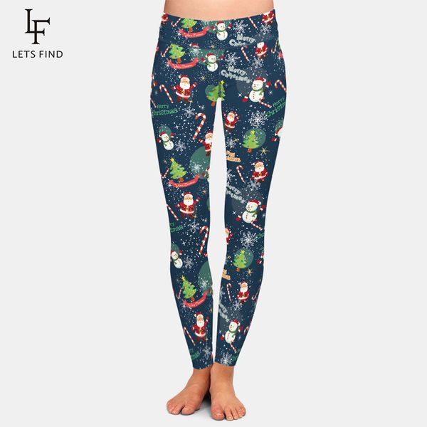 

letsfind 3d santa claus snowman and snowflakes print women leggings high waist fitness soft slim pants plus size 201202, Black