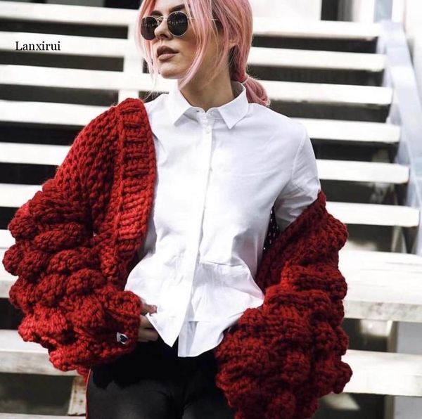 

solid crochet lantern sleeve cardigans women oversiezd knitted sweater winter for women knitwear jumpers, White