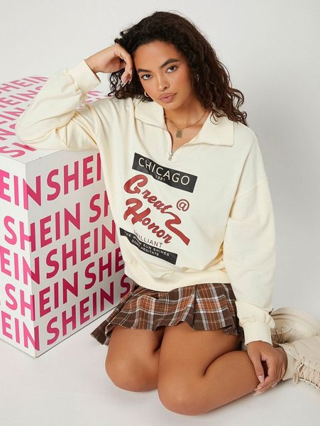 

slogan graphic quarter zip drop shoulder sweatshirt 46nj#, White;black