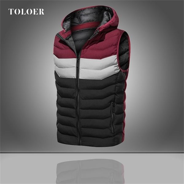 

men casual sleeveless vest jacket coat hooded zipper patchwork male outwear light warm mens work down padding vests waistcoat 201216, Black;white