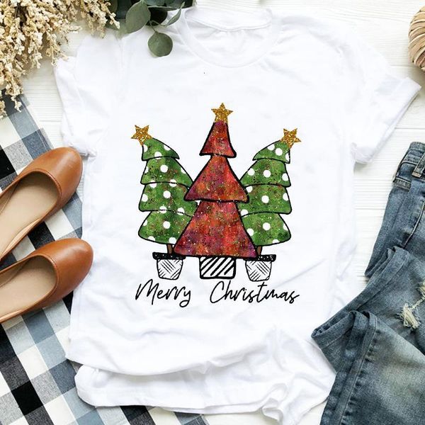 

women cartoon star tree snow 90s style trend holiday merry christmas clothes ladies graphic print tee tshirt female t-shirt, White
