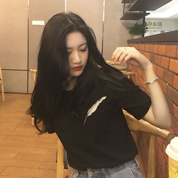 

simple harajuku wind short-sleeved t-shirts women's summer korean version of the ins students outer wear loose l on clothes, White