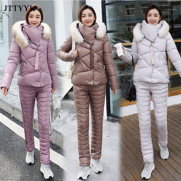 

women winter down cotton jacket suit female fashion large lapel fur collar pockets warm two piece set slim outerwear pants coat1, Gray