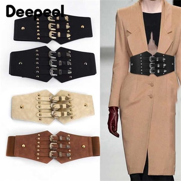 

deepeel 1pc 7.5*70cm women vintage pin buckle leather cummerbunds fashion decoration corset diy crafts luxury elastic wide belt 220210, Black;brown