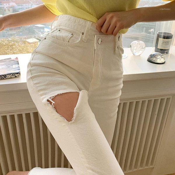 

europe korean women's jeans pants autumn winter new small irregular white broken hole casual trousers women fashion uae21, Blue