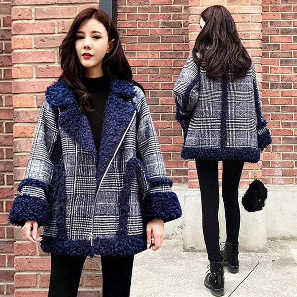 

winter women outerwear thick warm jacket imitation lamb velvet parkas plaid women parkas slim jackets female jackets, Black