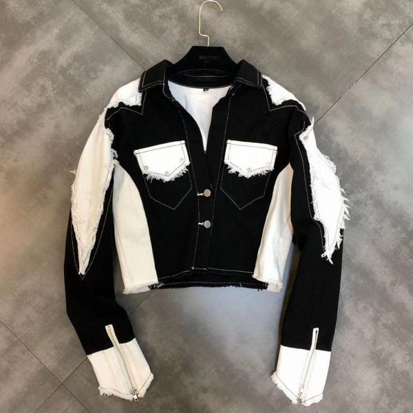 

ewq] 2020 summer new long sleeve tooling jacket woolen color matching fashion short coat female1, Black;brown