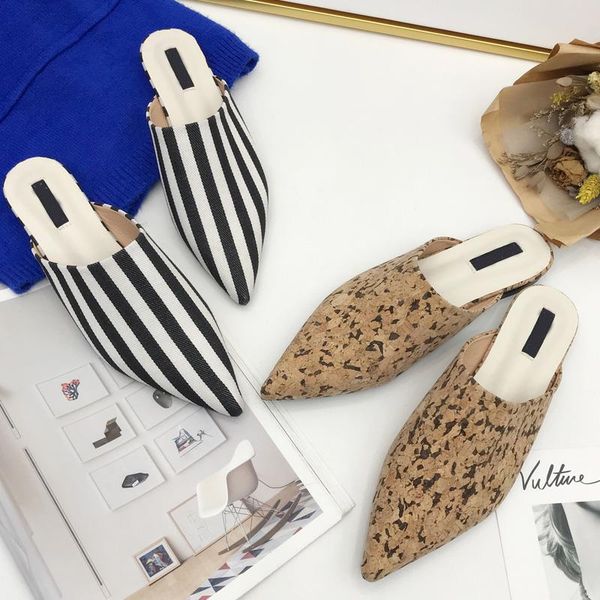 

vogue wood print women mules pointed toe stripe women sandals summer flat sandals shoes sandalias mujer sandale femme swc0000, Black