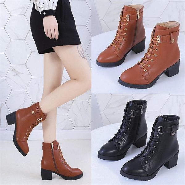 

autumn winter women leather boots fashion high heel lace up side zipper wear-resistant non-slip women ankle boots, Black