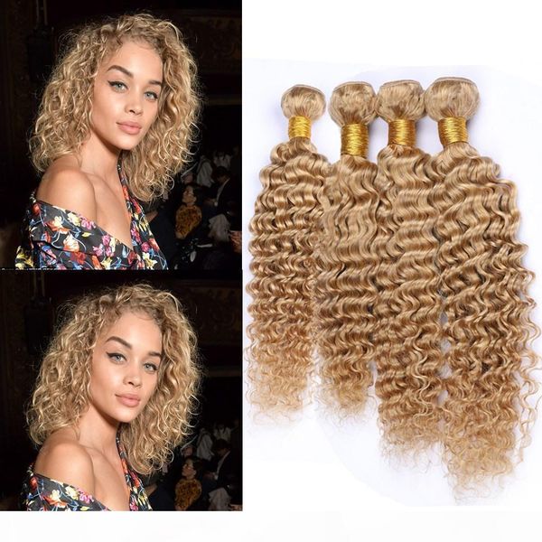 

brazilian human hair honey blonde deep wave bundles deals 4pcs 400gram #27 light brown deep wave curly human hair weave wefts 10-30, Black;brown