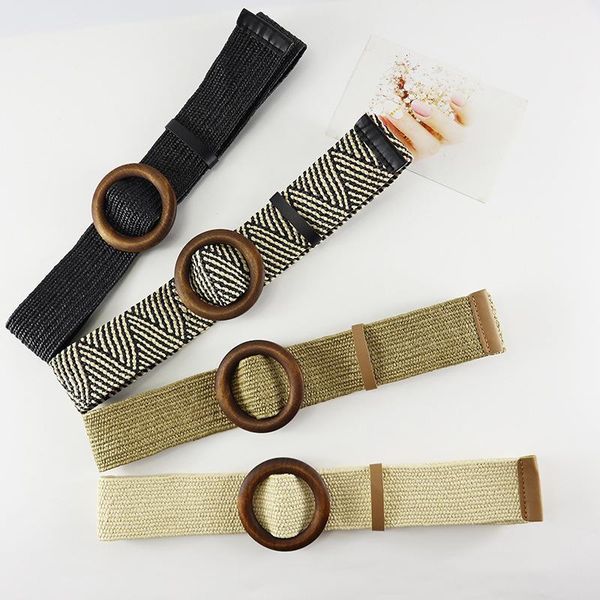 

wooden buckle braided belt 2020 fashion women's bohemian beach wide elastic braided waistband adjustable dress belts, Black;brown