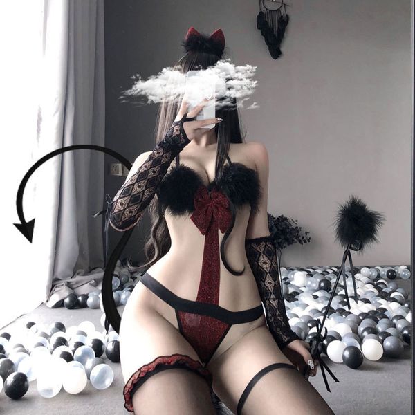 

female cosplay set red bra temptation to play erotic bodysuit lingerie, Black;white