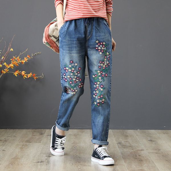 

pants with breeze large ankle -3xl female casual floral embroidery 2419, Blue