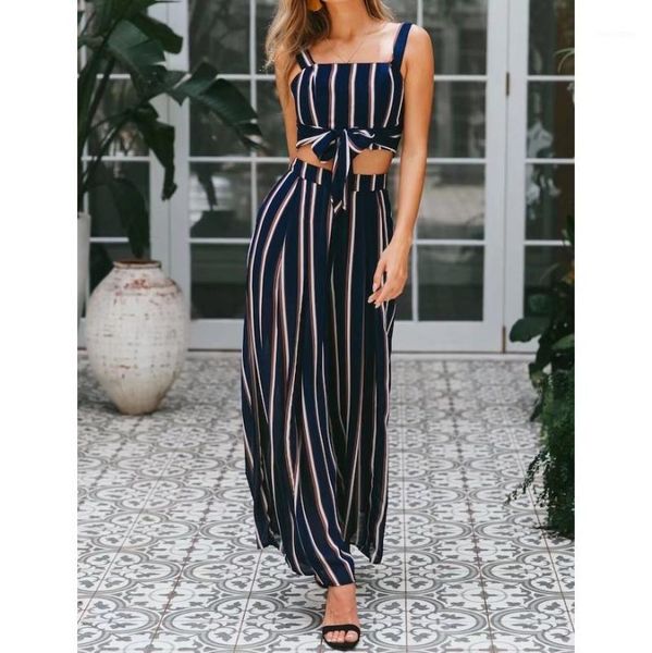 

fashion two piece set 2019 summer women striped set spaghetti strap crop vintage sleeveless wide leg pants1, White