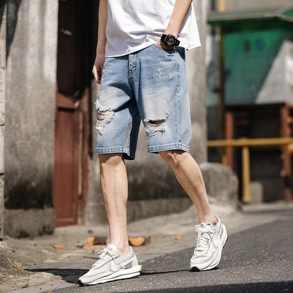 

summer hole out men jeans short pants straight casual blue jeans shorts cool brand large size denim knee length shorts pants1, White;black