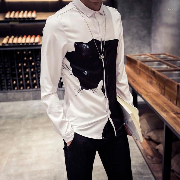 Мужские повседневные рубашки Оптовая торговля - 2021 Мода 3D Печать Животные Мужчины Черный / Белый Цифровой Кот С Длинным Рукавом Slim Fit Мужской
