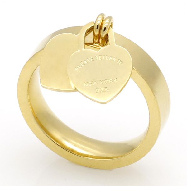 Anelli a fascia Gioielli di moda Titanio 316L Anelli a forma di cuore placcati in oro T lettere lettere Anello a doppio cuore Anello femminile per donna 18k