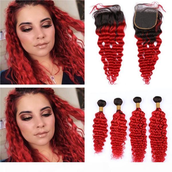 

ombre bright red human hair 4 bundles and closure brazilian deep wave #1b red ombre virgin hair lace closure 4x4" with weave bundles, Black;brown