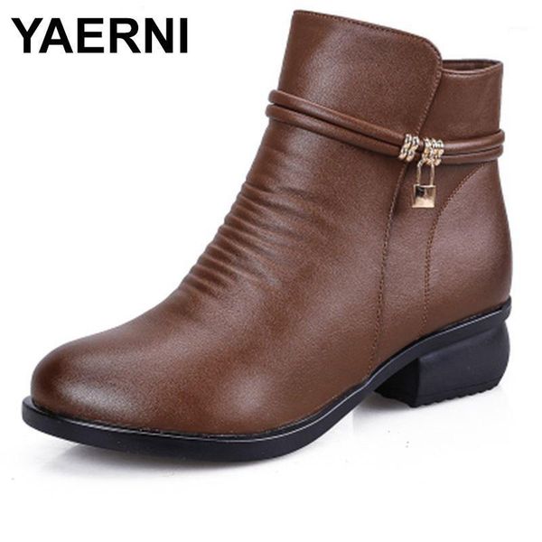 

boots yaerni winter shoes women genuine leather snow women's comfortable warm ankle ladies e6401, Black