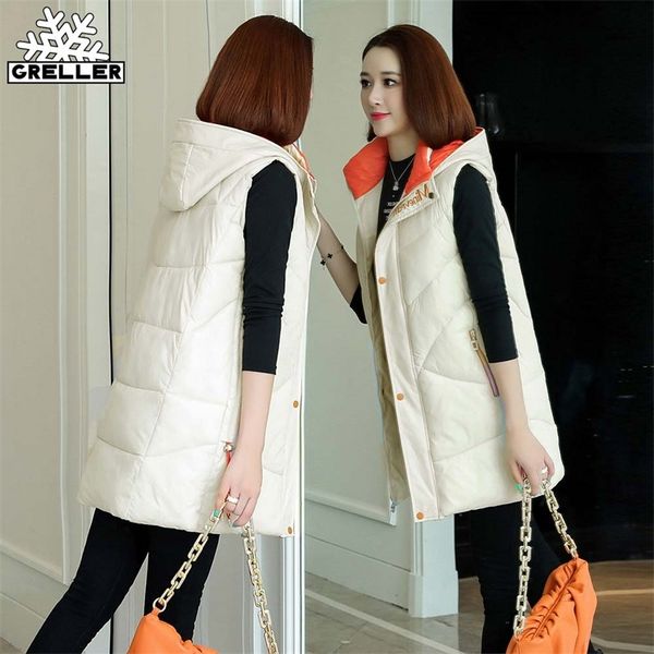 

greller contrast color women winter vest waistcoat women long vest sleeveless jacket hooded down cotton winter warm vest female 201214, Black;white
