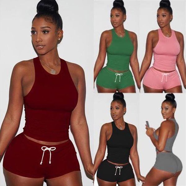 

2 pcs seller fashion women casual solid vest fitness pullover tank crop shorts workout outfit sets, Gray