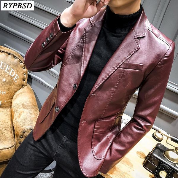 

men's fur & faux solid color slim fit blazer hombre pu leather men casual korean fashion business blazers terno masculino, Black