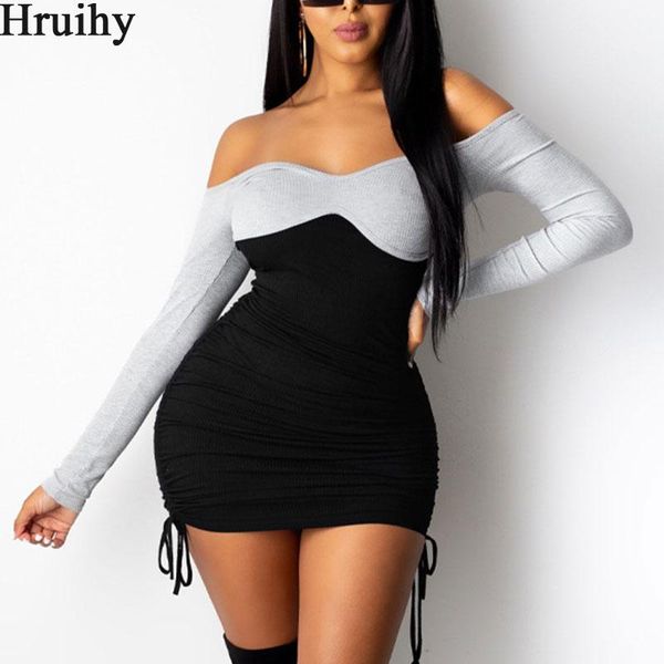 

mini dress skinny off shoulder long sleeve & club fashion new arrival women dress color matching elegant vestido de mujer, Black;gray