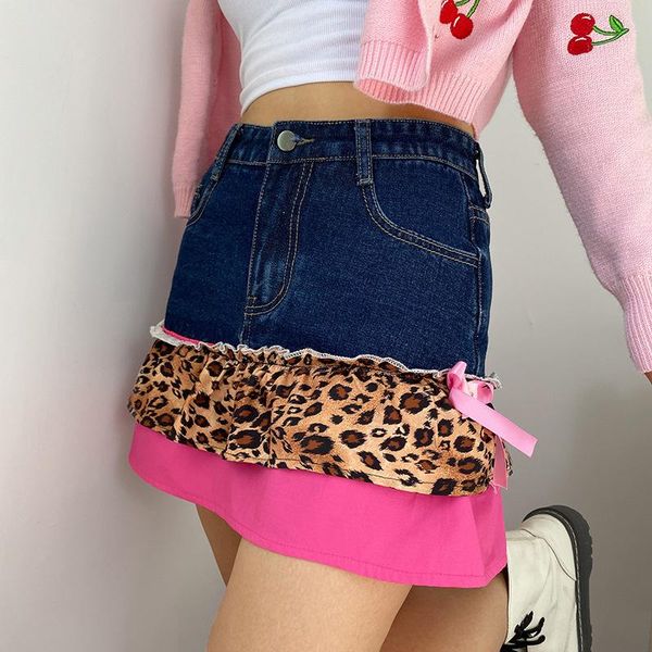 

seasons leopard patchwork ruffles pleated skirt women casual high waist jeans skirt ladies pocket fashion streetwear assk82140, Black