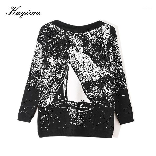 

women's autumn new starsky small sailing knitwear aging black and white one word collar heavy industry jacquard sweater b-0911, White;black