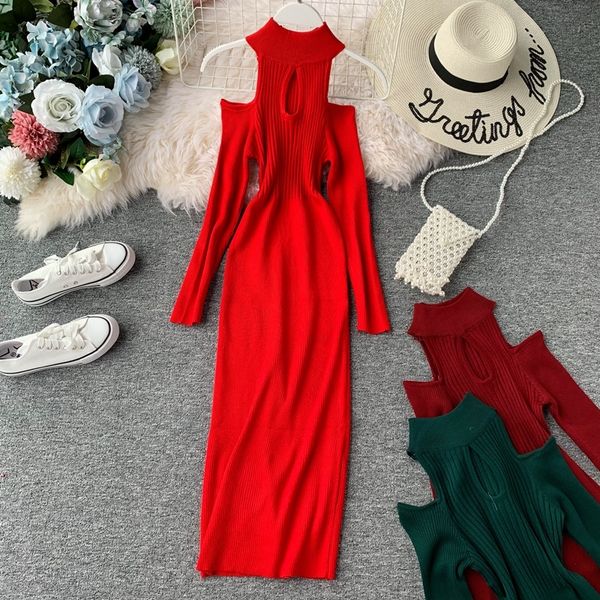 

fashion women's knitted-out bodycon dress 2021 long thin wr7k, Black;gray